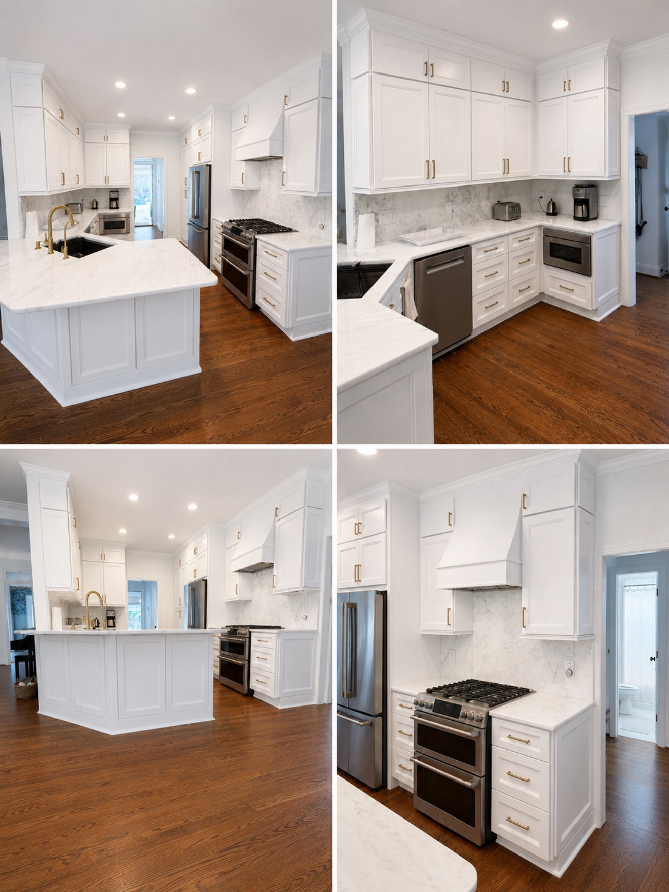 Collage of a finished white kitchen remodel with marble-look countertops and brass hardware