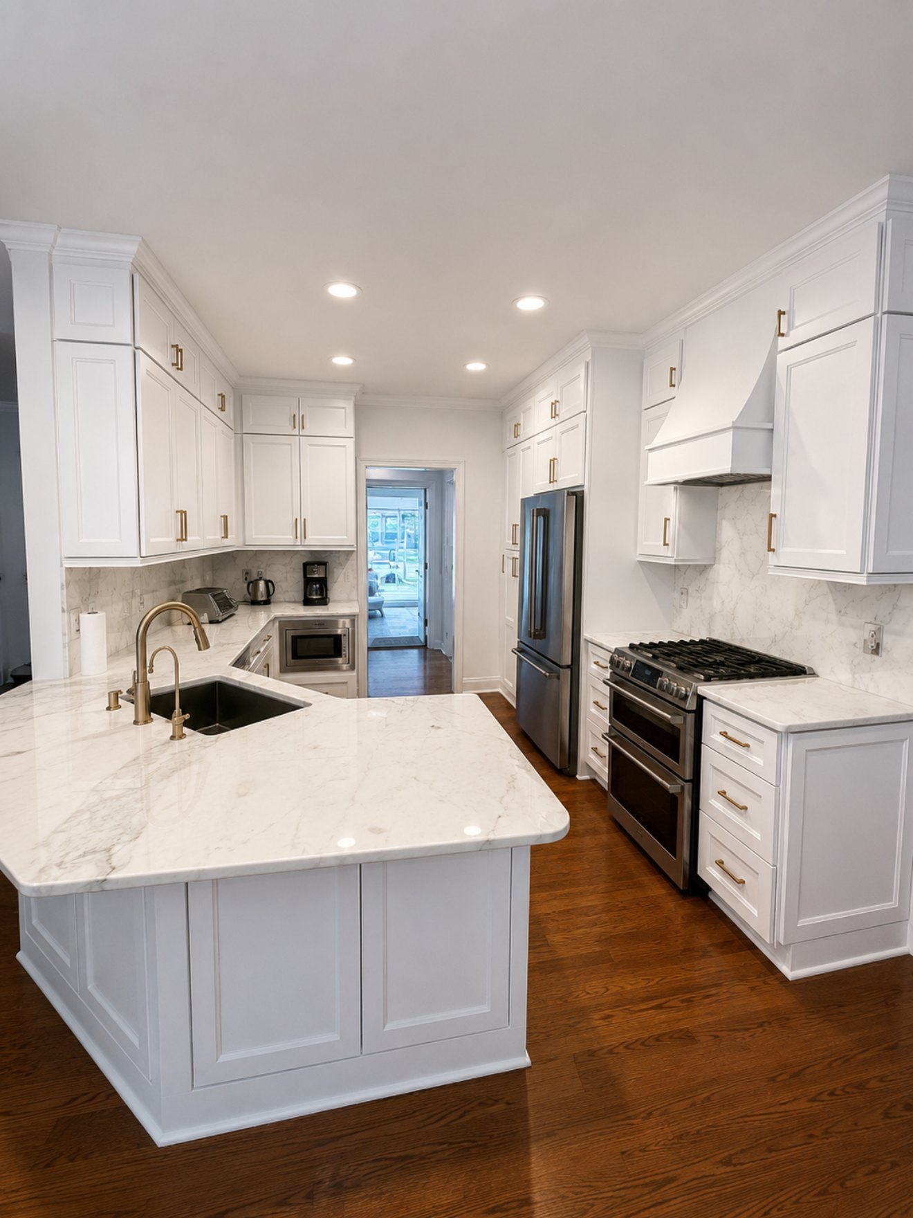 Finished kitchen remodel with white custom cabinetry, marble-look countertops, and brass fixtures